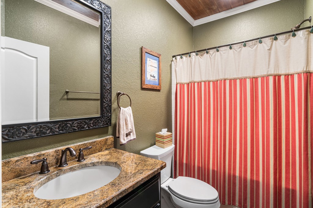 5125 Mineral Springs Road Young Harris, GA 30582 - Photo 28 of 62 a bathroom with a granite countertop bathtub sink vanity mirror and toilet