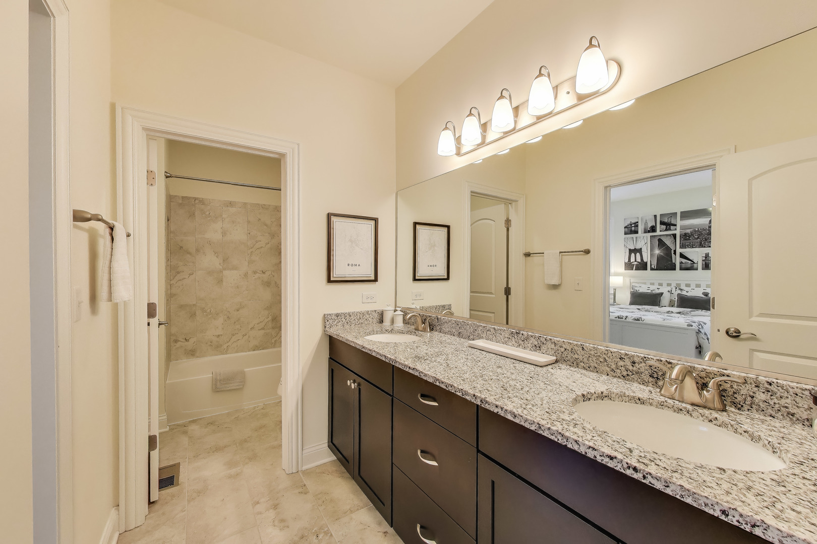 557 North Myrtle Avenue Elmhurst, IL 60126 - Photo 25 of 33 a bathroom with a granite countertop sink a mirror and a shower