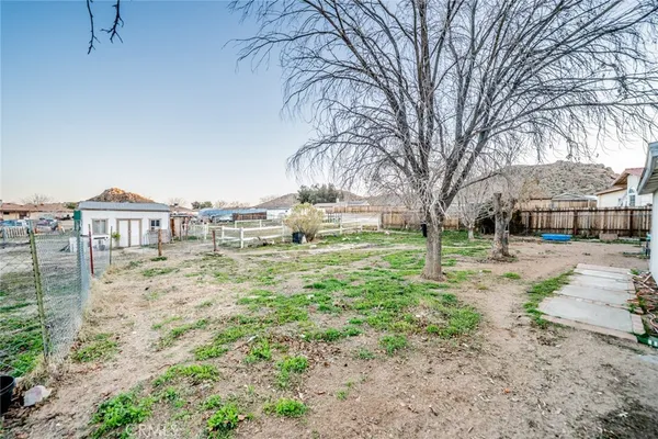 a view of a yard with a house in the background