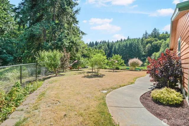 a view of a garden with a bench