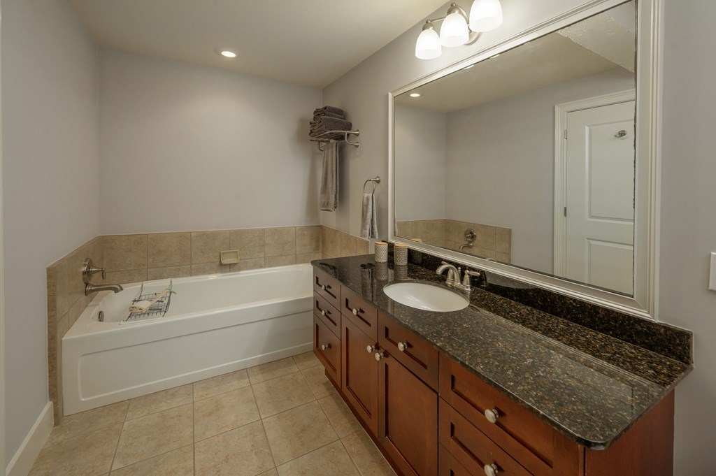 1201 Front Avenue, Unit 509 Columbus, GA 31901 - Photo 37 of 41 a spacious bathroom with a granite countertop tub sink and mirror