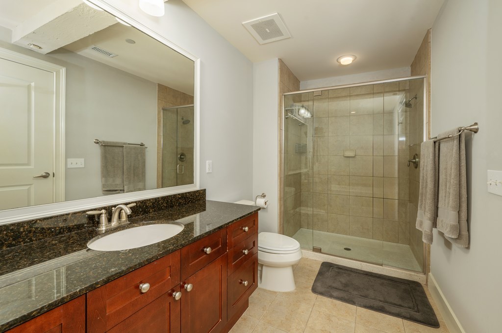 1201 Front Avenue, Unit 509 Columbus, GA 31901 - Photo 38 of 41 a bathroom with a granite countertop sink a toilet a mirror and shower