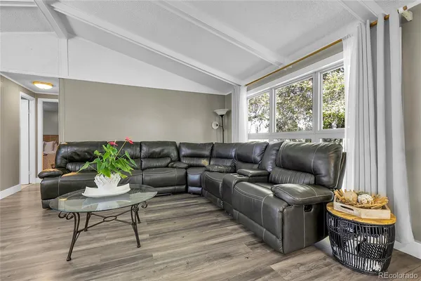 a living room with furniture a rug and a window