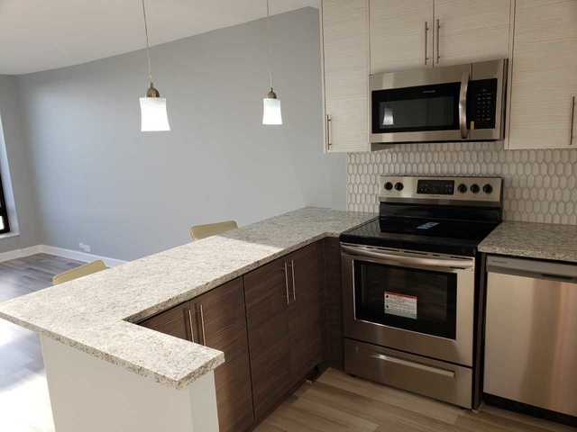 5445 North Sheridan Road, Unit 2005 Chicago, IL 60640 - Photo 11 of 19 a kitchen with granite countertop cabinets appliances and wooden floor