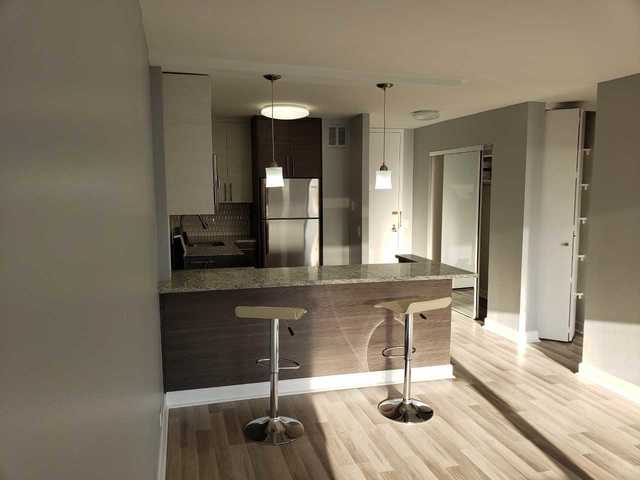5445 North Sheridan Road, Unit 2005 Chicago, IL 60640 - Photo 9 of 19 a kitchen with stainless steel appliances kitchen island granite countertop a table chairs in it and wooden floors