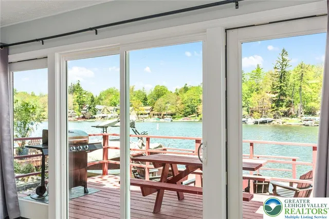 a view of a city from a dining room