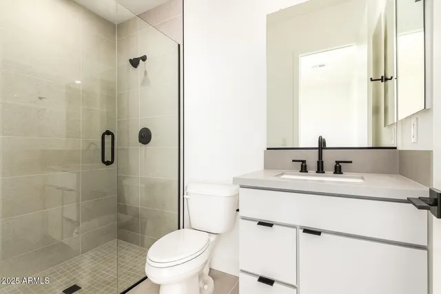 a bathroom with a sink toilet vanity and shower