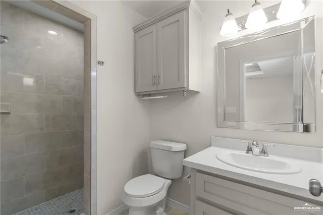 a bathroom with a toilet a sink a mirror and vanity