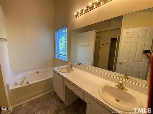 a bathroom with a tub sink and mirror