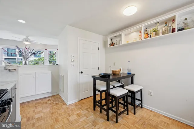 a view of a dining room with furniture