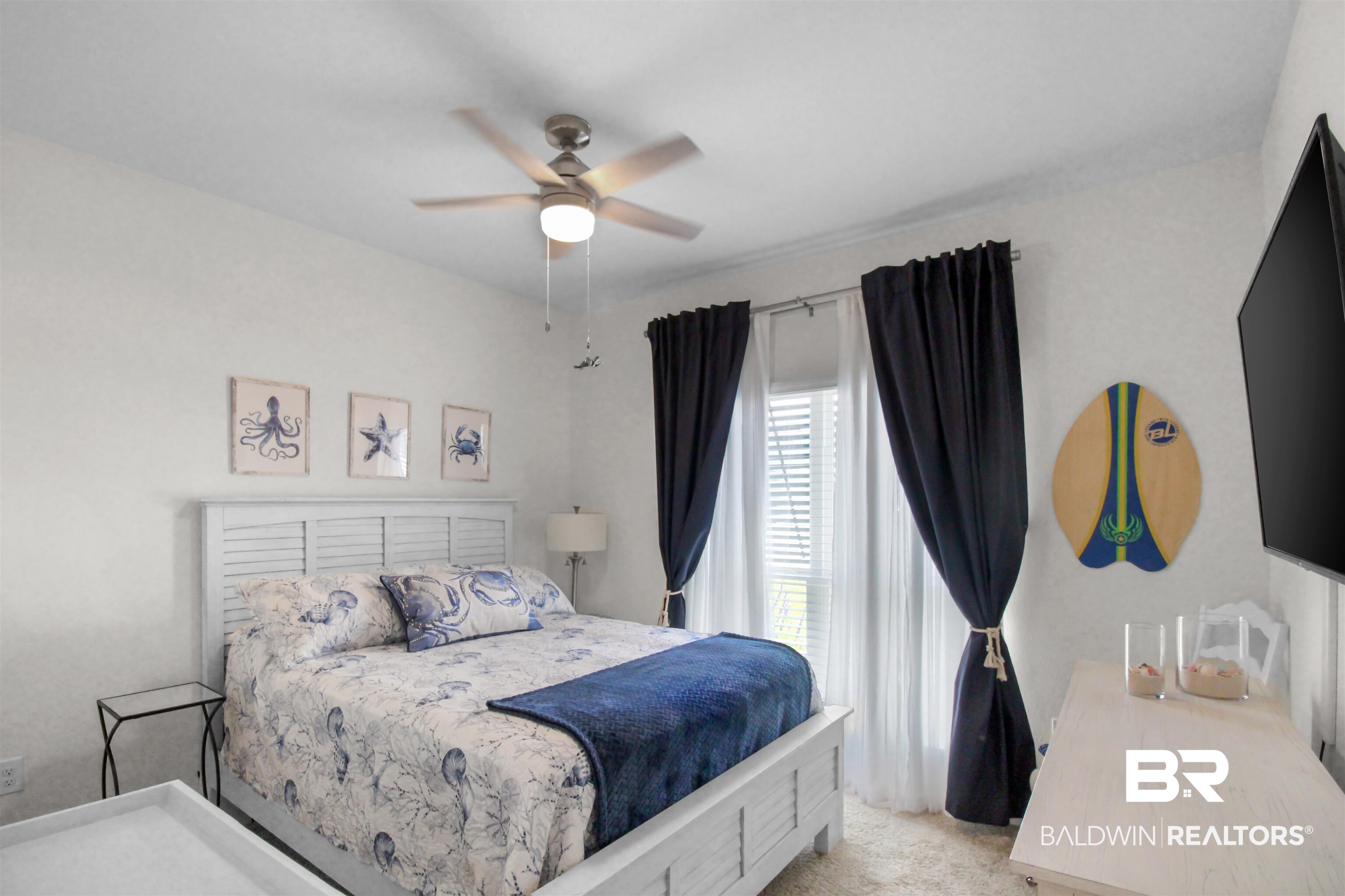 1885 Carly Street Foley, AL 36535 - Photo 22 of 40 Bedroom featuring a slatted headboard, ceiling fan with integrated lighting, and window with blinds and dark drapery