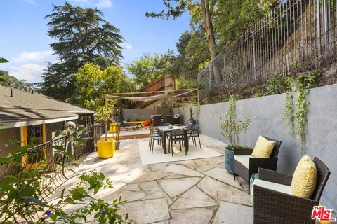 an outdoor space with seating