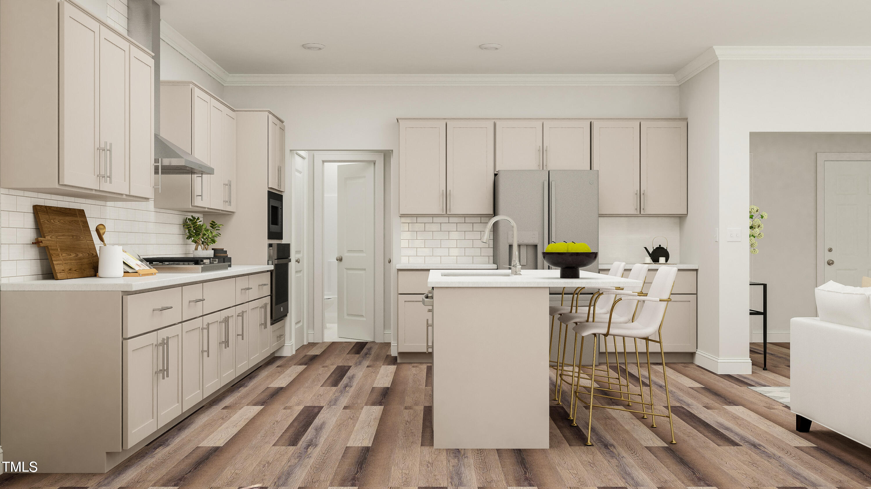 105 Corapeake Way Apex, NC 27539 - Photo 18 of 22 a kitchen with a refrigerator and white cabinets