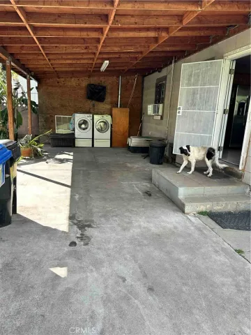 a view of a garage with storage