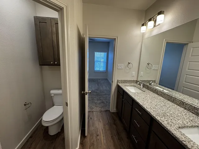 a bathroom with a granite countertop sink toilet and shower
