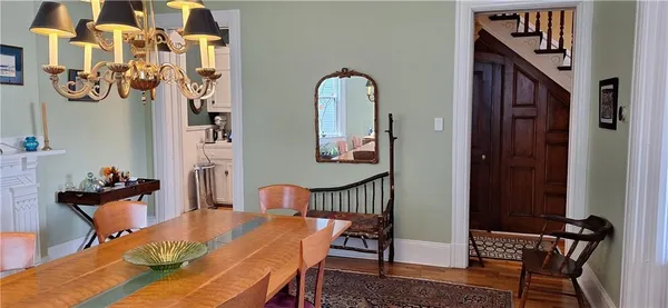 a view of a dining room with furniture