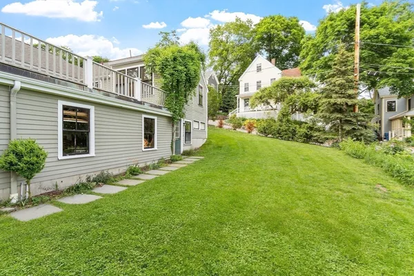 a view of a house with a swimming pool and a yard