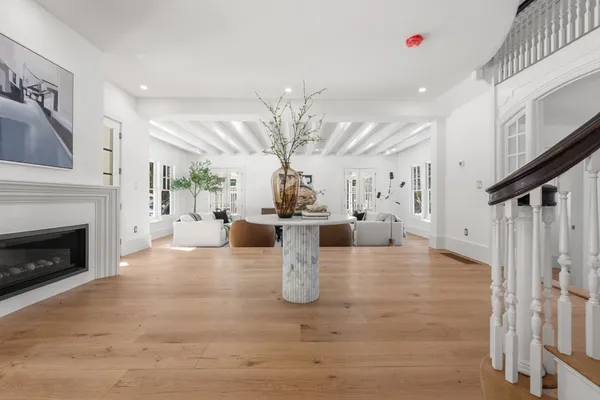 a view of kitchen with furniture and fireplace