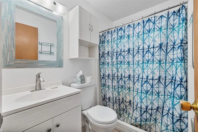 a bathroom with a sink a toilet and shower curtain