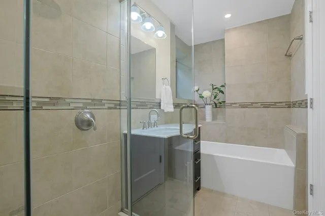 a bathroom with a bathtub and a shower