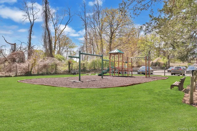 a view of a park with large trees