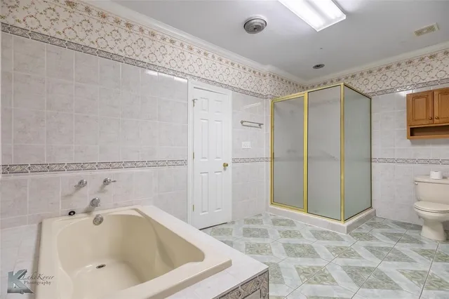 a bathroom with a tub a toilet and a shower