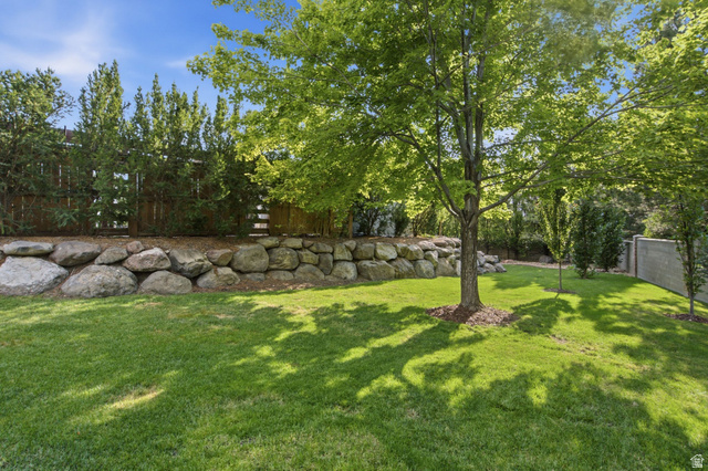 12308 Mariah Circle Draper, UT 84020 - Photo 265 of 293 Expansive lawn area featuring a large mature tree, a substantial rock retaining wall, and a wooden privacy fence with established plantings