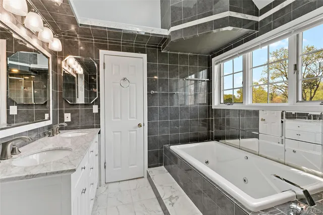 a bathroom with a granite countertop tub sink and shower