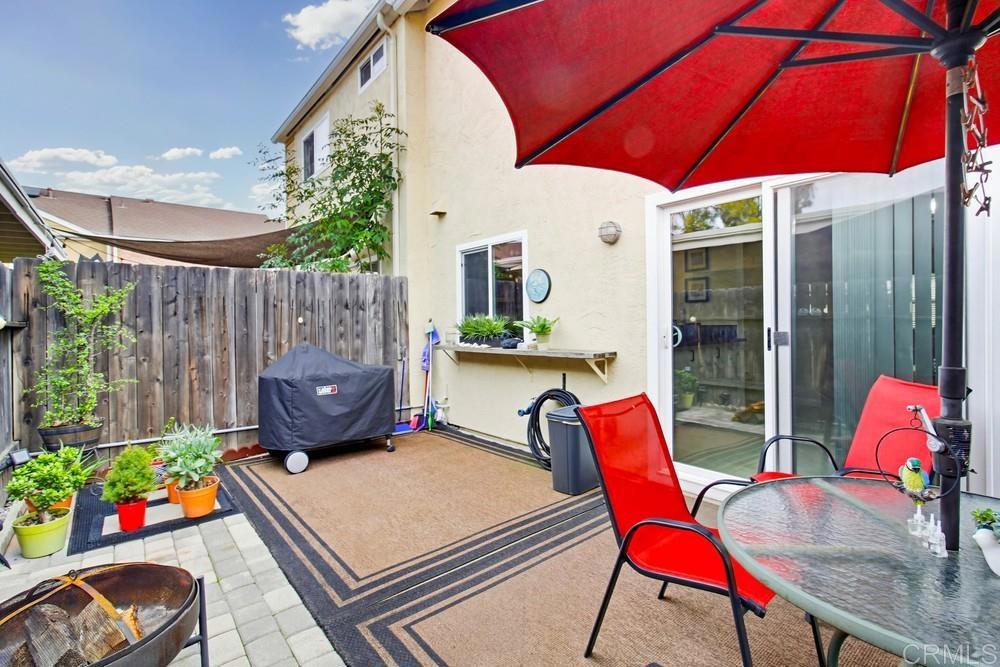 7861 Rancho Fanita Drive, Unit B Santee, CA 92071 - Photo 33 of 47 a view of balcony with a dining table and chairs under an umbrella