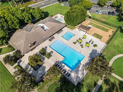 an aerial view of a house with a garden