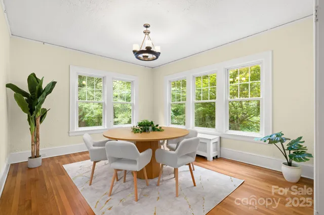 a view of a dining room with furniture window and wooden floor