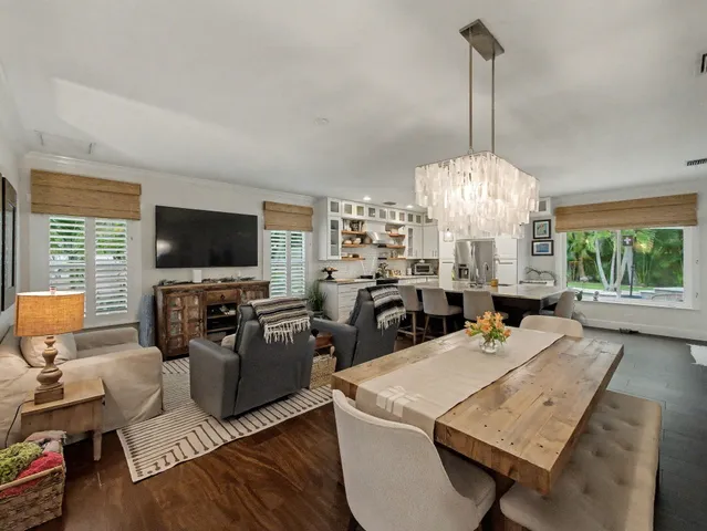 a view of a dining room with furniture window and outside view