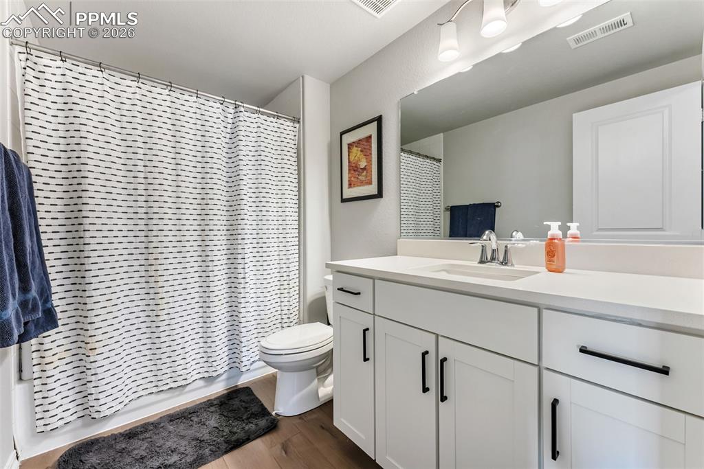 10484 Wrangell Circle Colorado Springs, CO 80924 - Photo 33 of 50 a bathroom with a sink mirror vanity and toilet