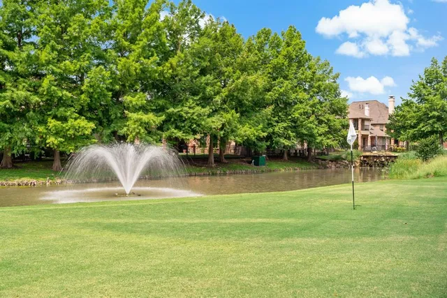 a swimming pool with lots of tress in the background