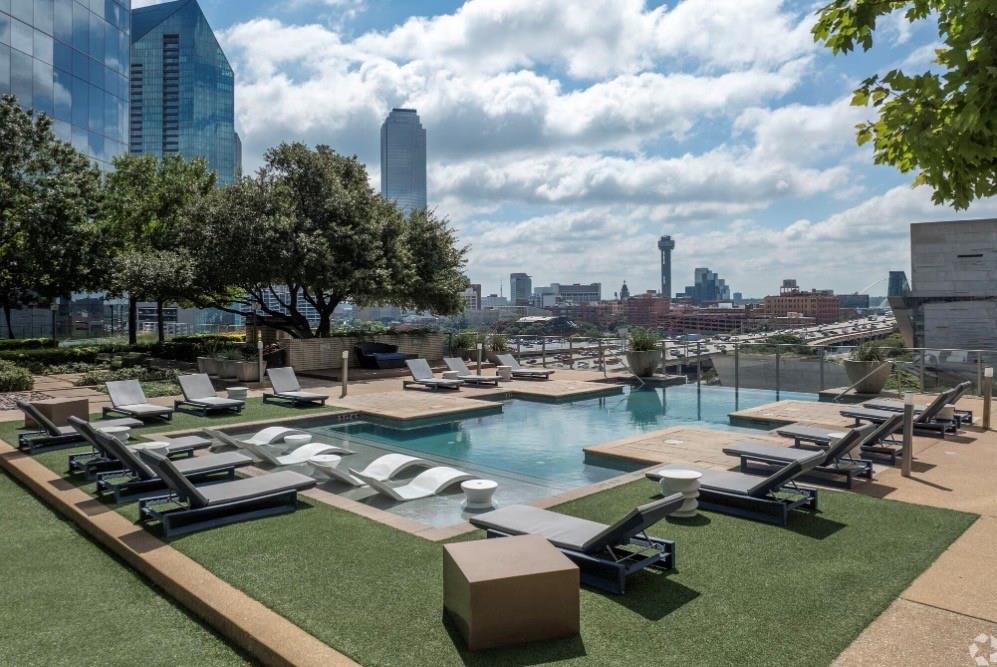 Community pool with a skyline view