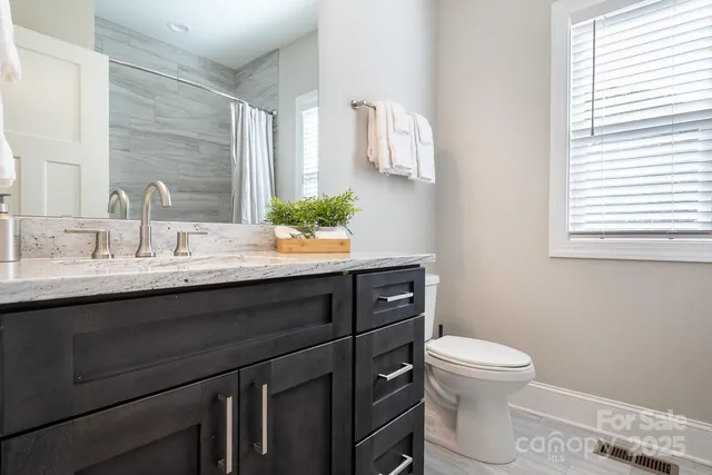 a bathroom with a sink vanity and toilet