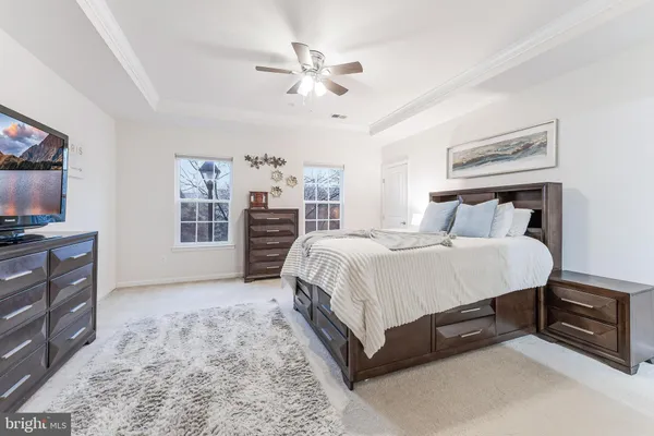 a spacious bedroom with a bed a dresser and potted plant on the dresser