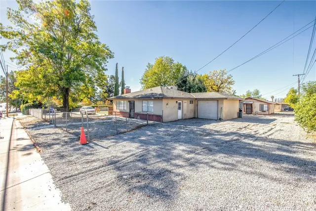 a street view with large trees