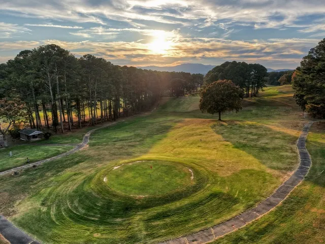 a view of a swimming pool with a yard and mountain view in back