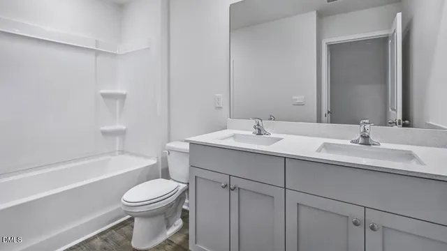 a bathroom with a toilet a sink a mirror a bathtub and vanity