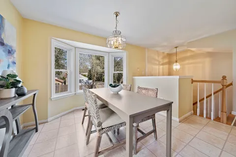 a view of a dining room with furniture window and outside view