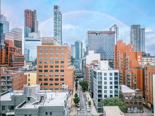 a city view with tall buildings