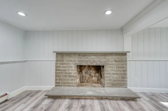 a room with a fireplace