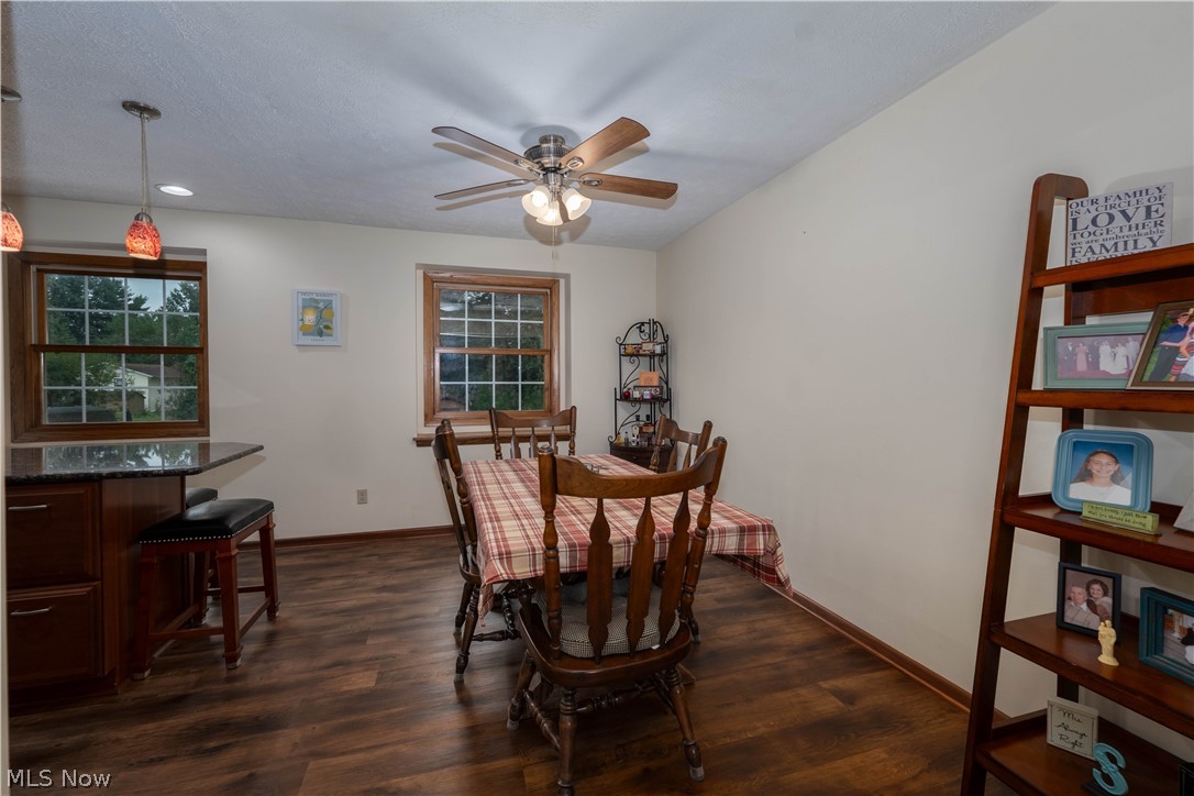 1619 Reed Street Canal Fulton, OH 44614 - Photo 20 of 27 Wood-finish flooring, two large windows, a built-in breakfast bar with a dark countertop, recessed lighting, and a ceiling fan with integrated lighting