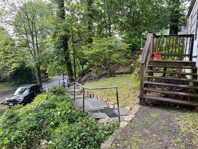 a view of a bench in a garden