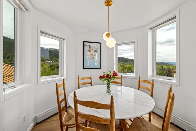 a view of a dining room with furniture window and outside view