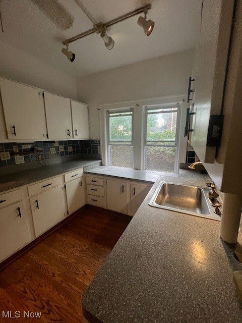 2915 Ludlow Road Cleveland, OH 44120 - Photo 17 of 50 Kitchen with white cabinetry, backsplash, dark wood finished floors, and rail lighting