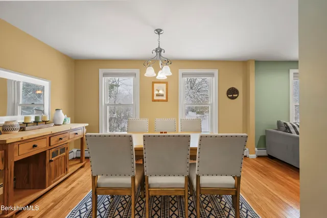 a view of a dining room with furniture window and wooden floor