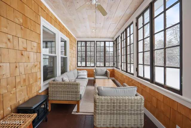 a outdoor sitting area with furniture