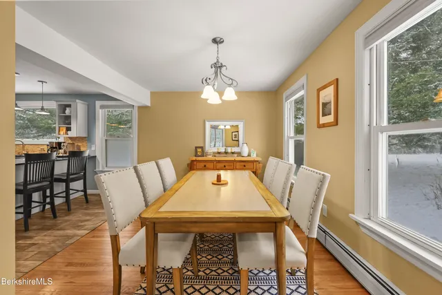 a view of a dining room with furniture window and wooden floor